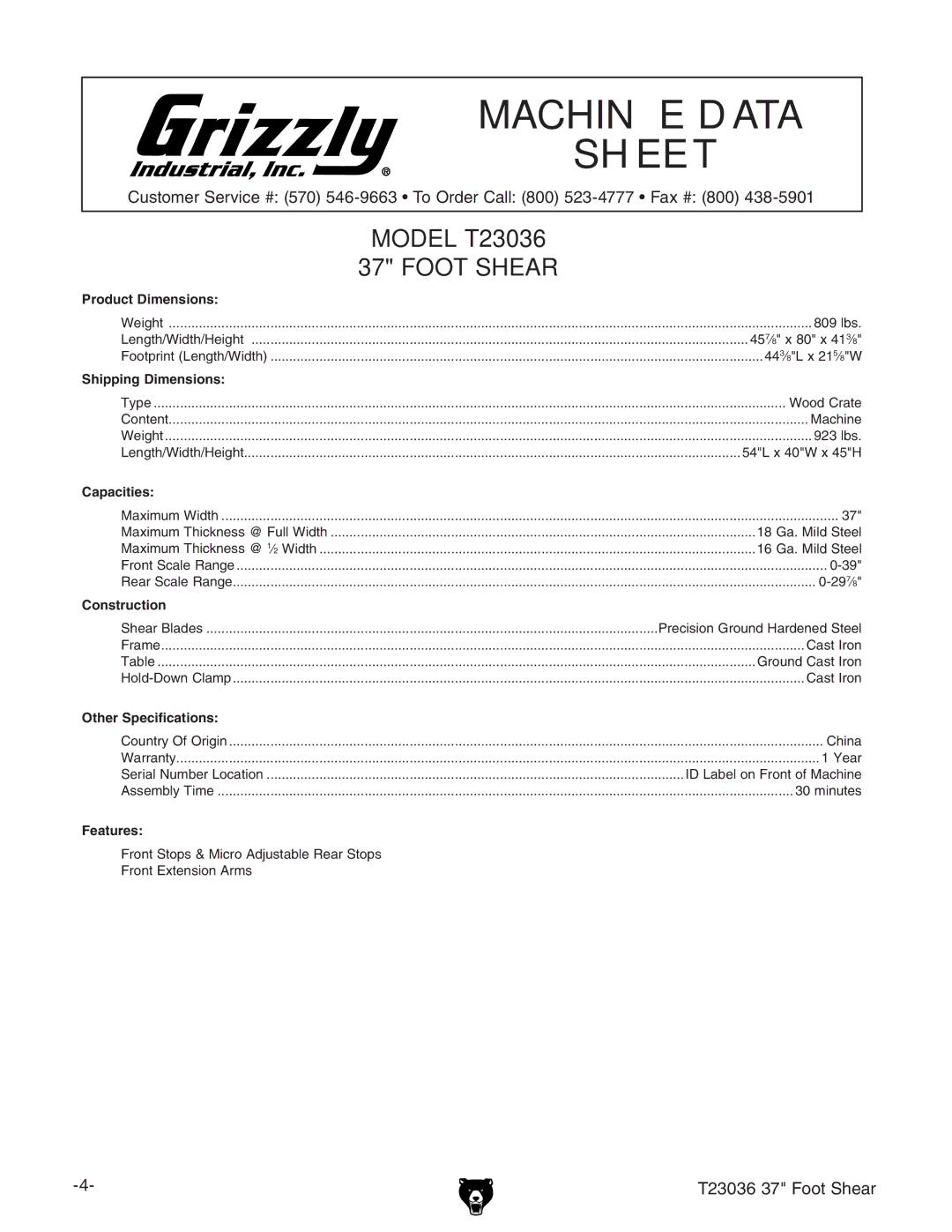 Grizzly owner manual Machine Data Sheet, T23036 37 Foot Shear 