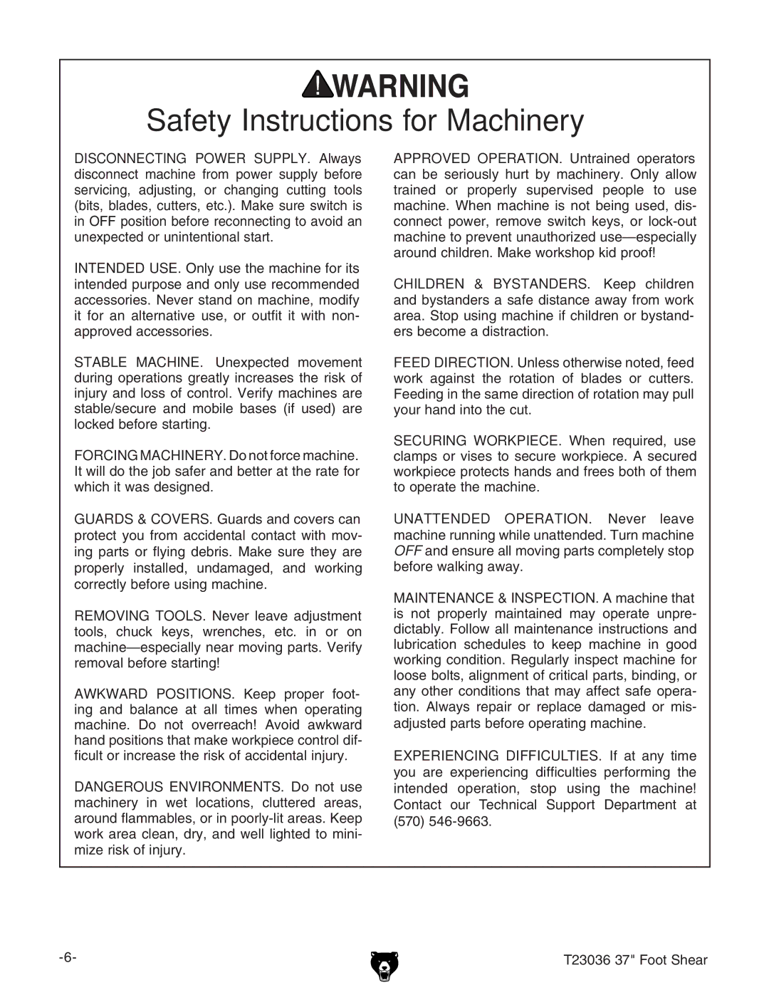 Grizzly T23036 owner manual Children & BYSTANDERS. @ZZe XaYgZc 