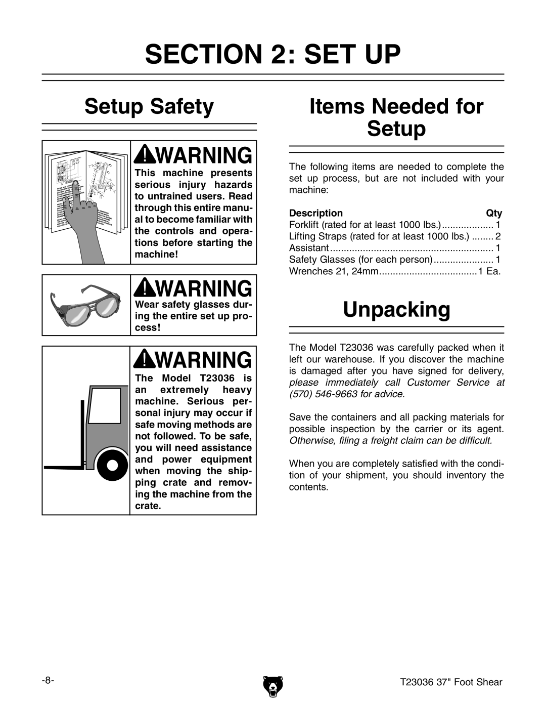 Grizzly T23036 owner manual Set Up, Setup Safety, Items Needed for, Unpacking 