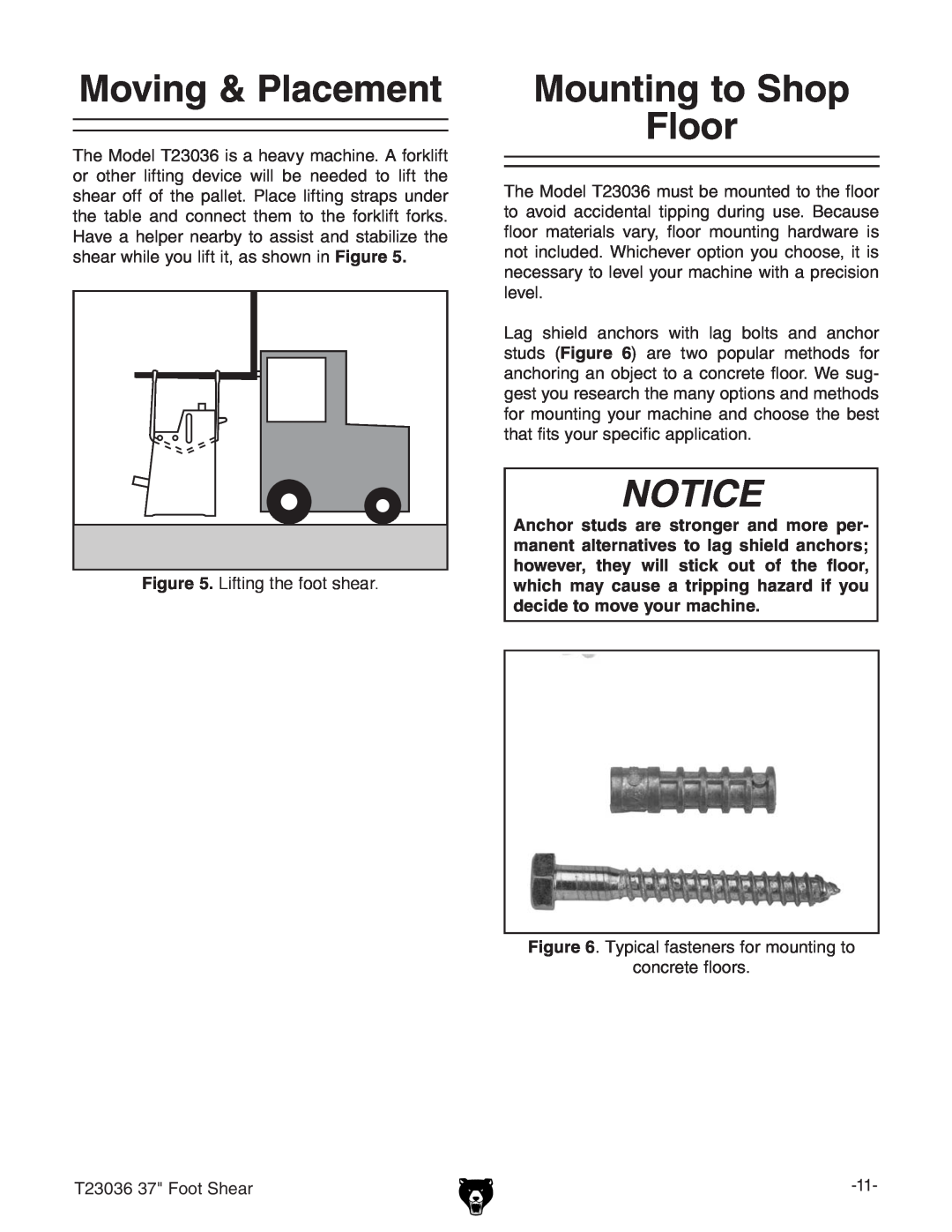 Grizzly T23036 owner manual Moving & Placement, Mounting to Shop Floor 