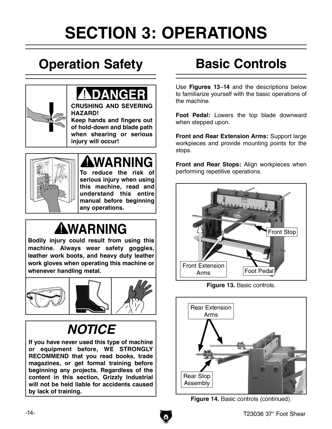 Grizzly T23036 owner manual Operations, Operation Safety, Basic Controls 