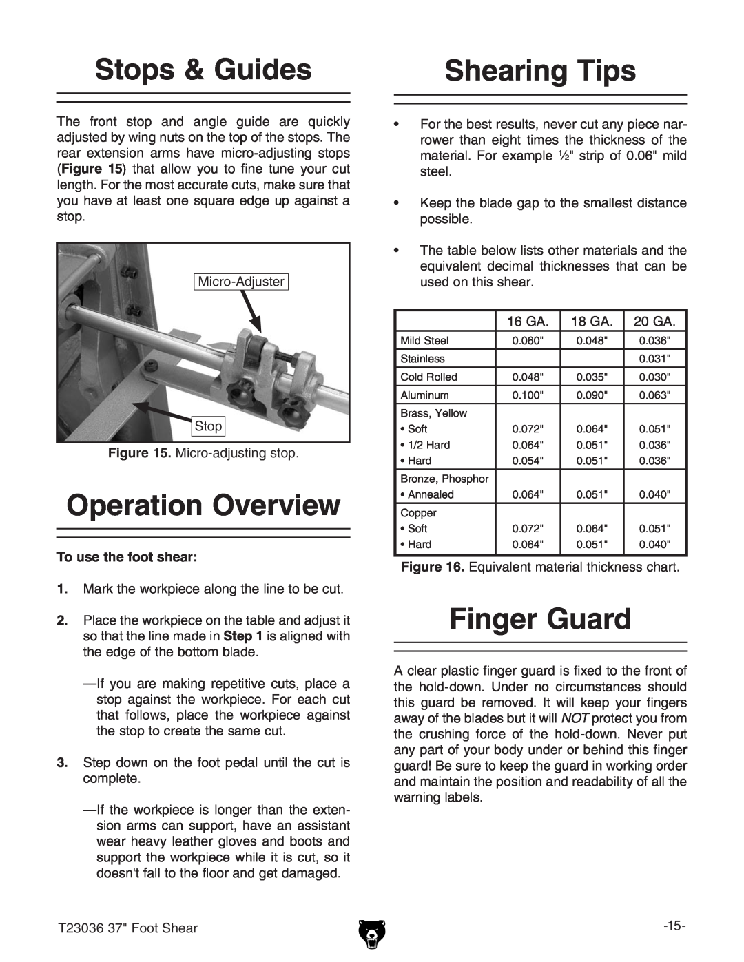 Grizzly T23036 owner manual Stops & Guides, Operation Overview, Shearing Tips, Finger Guard, To use the foot shear 