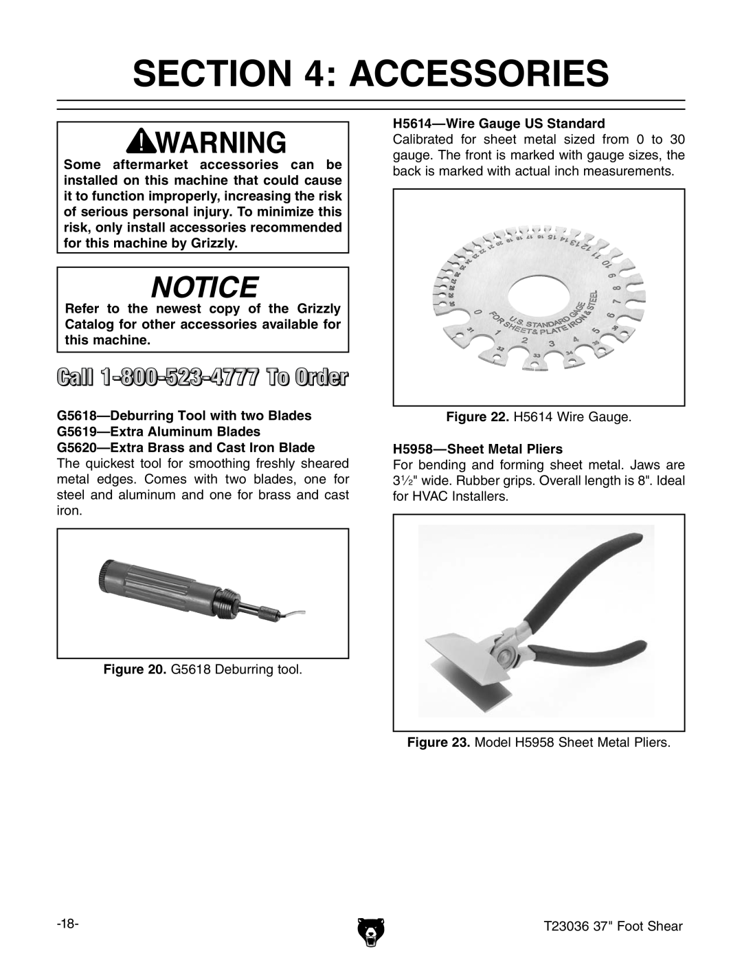 Grizzly T23036 owner manual Accessories 