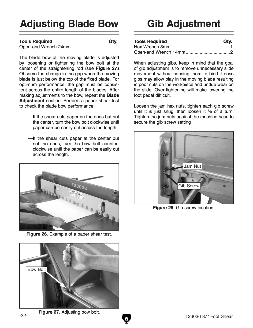 Grizzly T23036 owner manual Adjusting Blade Bow, Gib Adjustment 