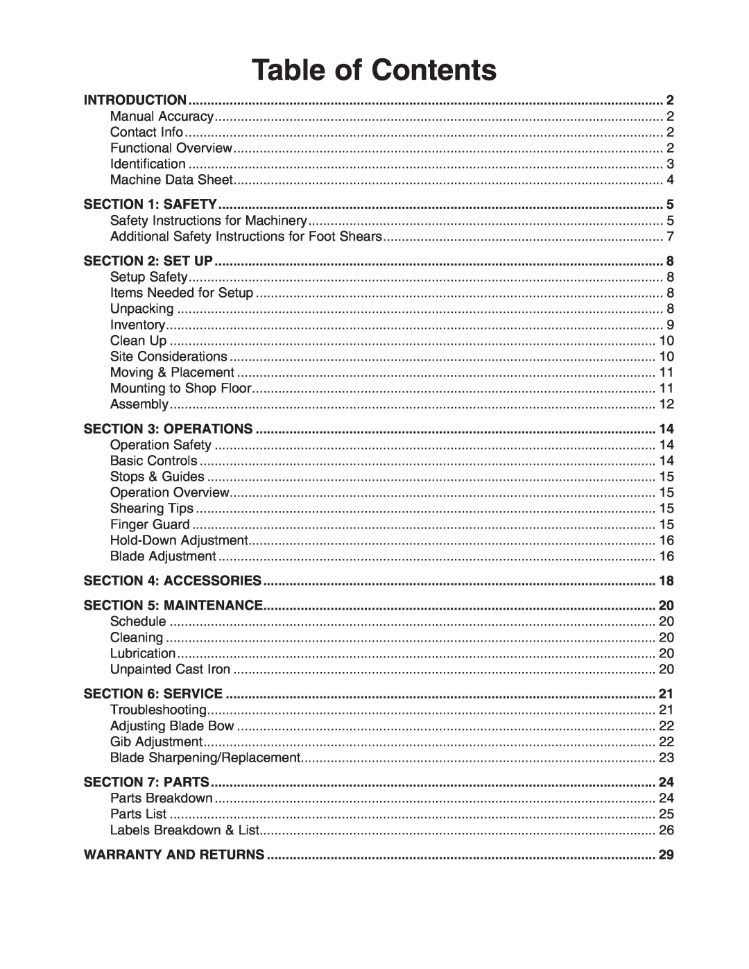 Grizzly T23036 owner manual Table of Contents 