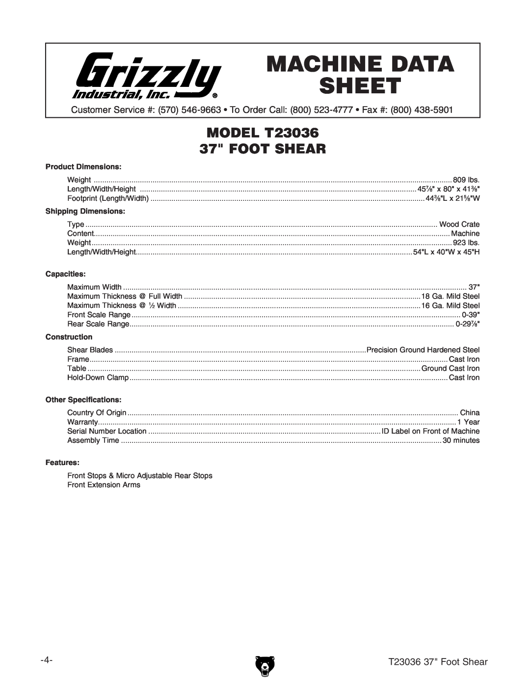 Grizzly Machine Data Sheet, MODEL T23036 37 FOOT SHEAR, Product Dimensions, Shipping Dimensions, Capacities, Features 