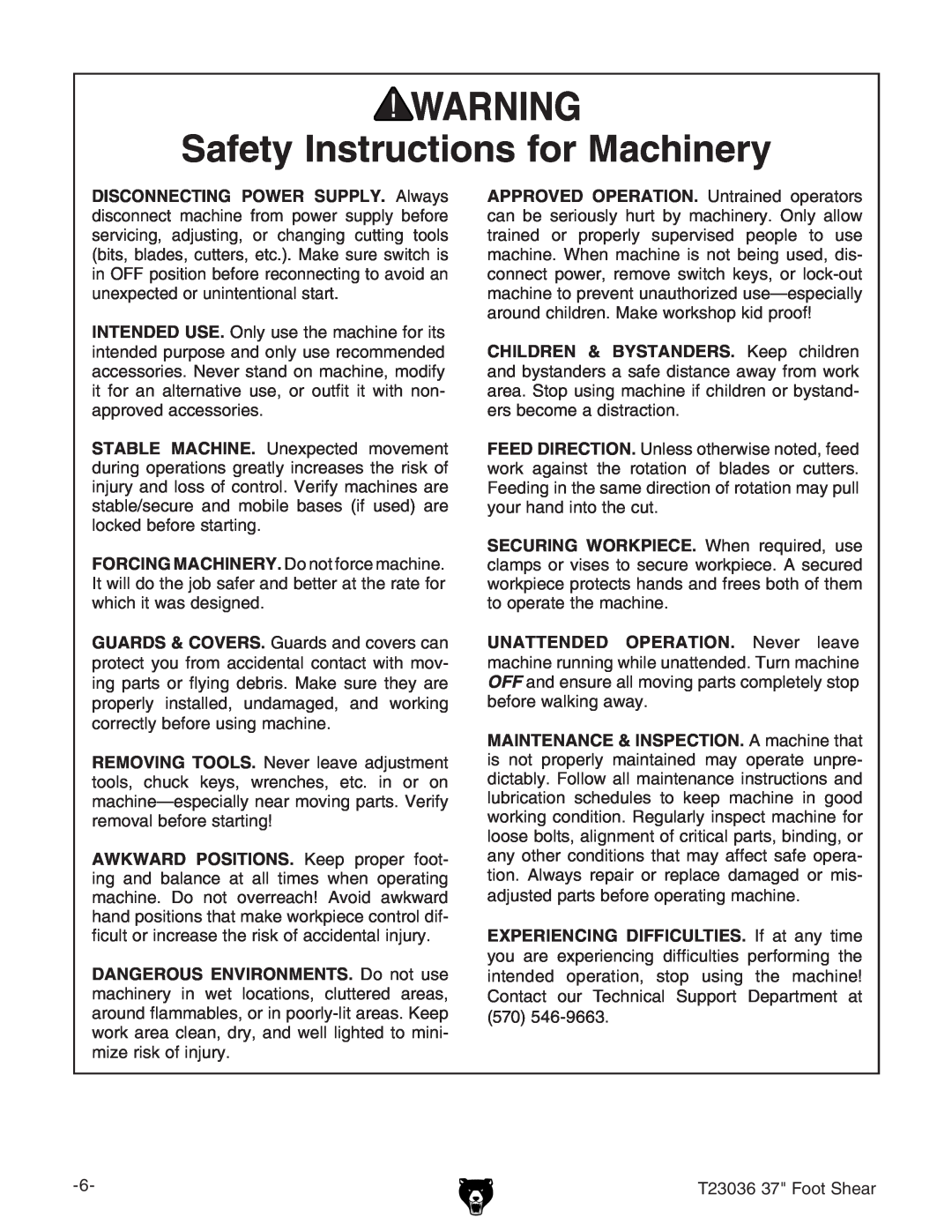 Grizzly T23036 Safety Instructions for Machinery, CHILDREN & BYSTANDERS. @ZZe X aYgZc, ZghWZXdbZVY higVXi dc# 