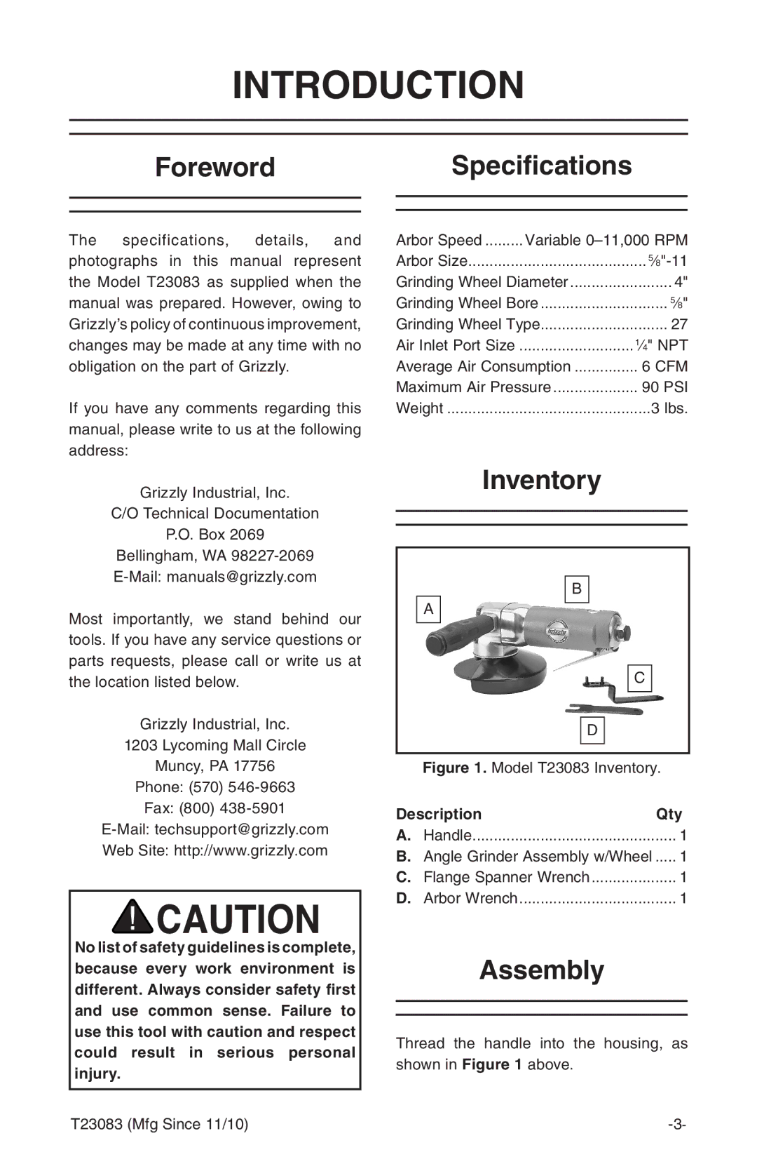 Grizzly T23083 instruction manual Introduction, ForewordSpecifications, Inventory, Assembly 