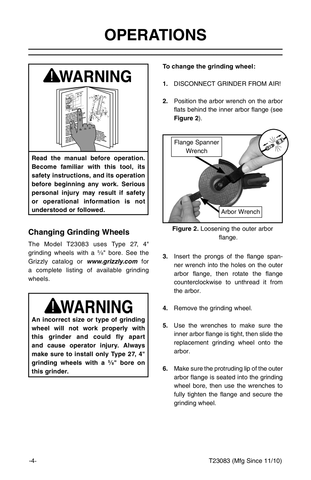 Grizzly T23083 instruction manual Operations, Changing Grinding Wheels 