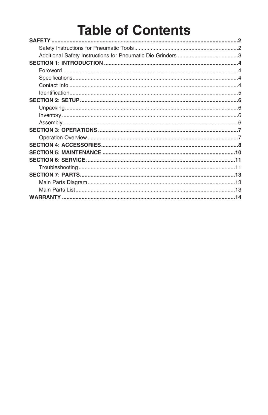 Grizzly T23091 owner manual Table of Contents 