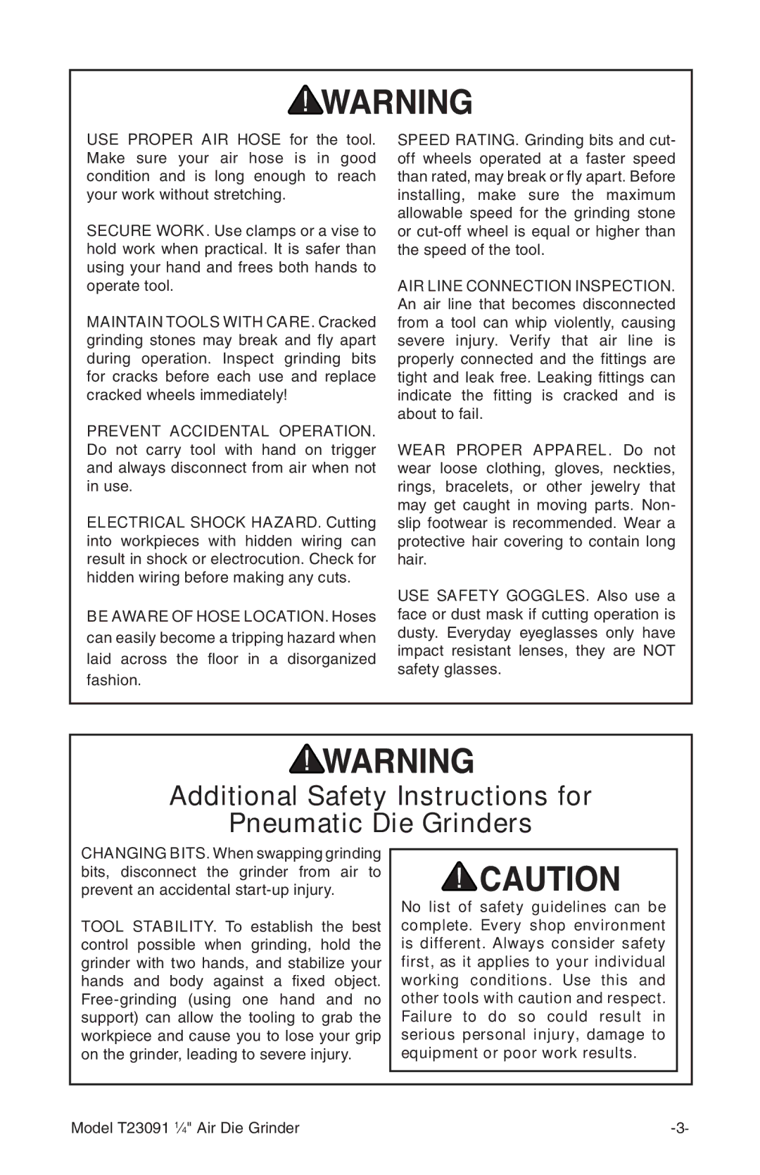 Grizzly T23091 owner manual Additional Safety Instructions for Pneumatic Die Grinders 