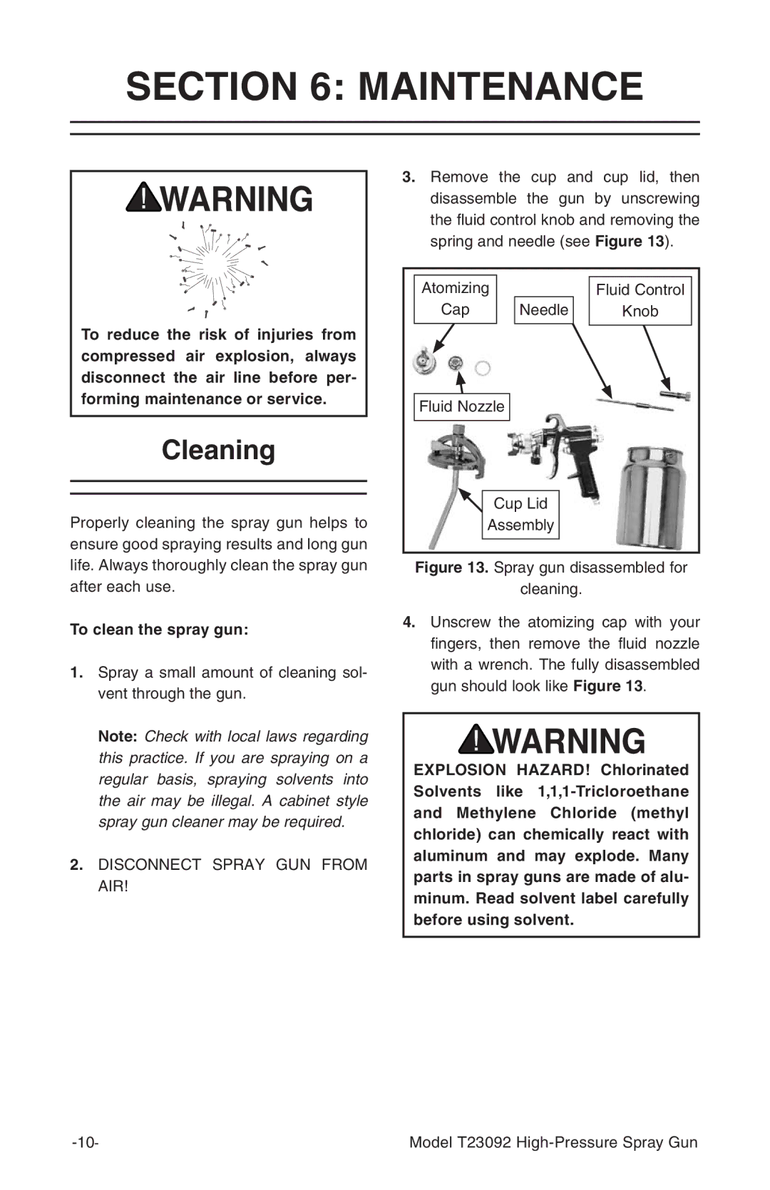 Grizzly T23092 owner manual Maintenance, Cleaning, To clean the spray gun 