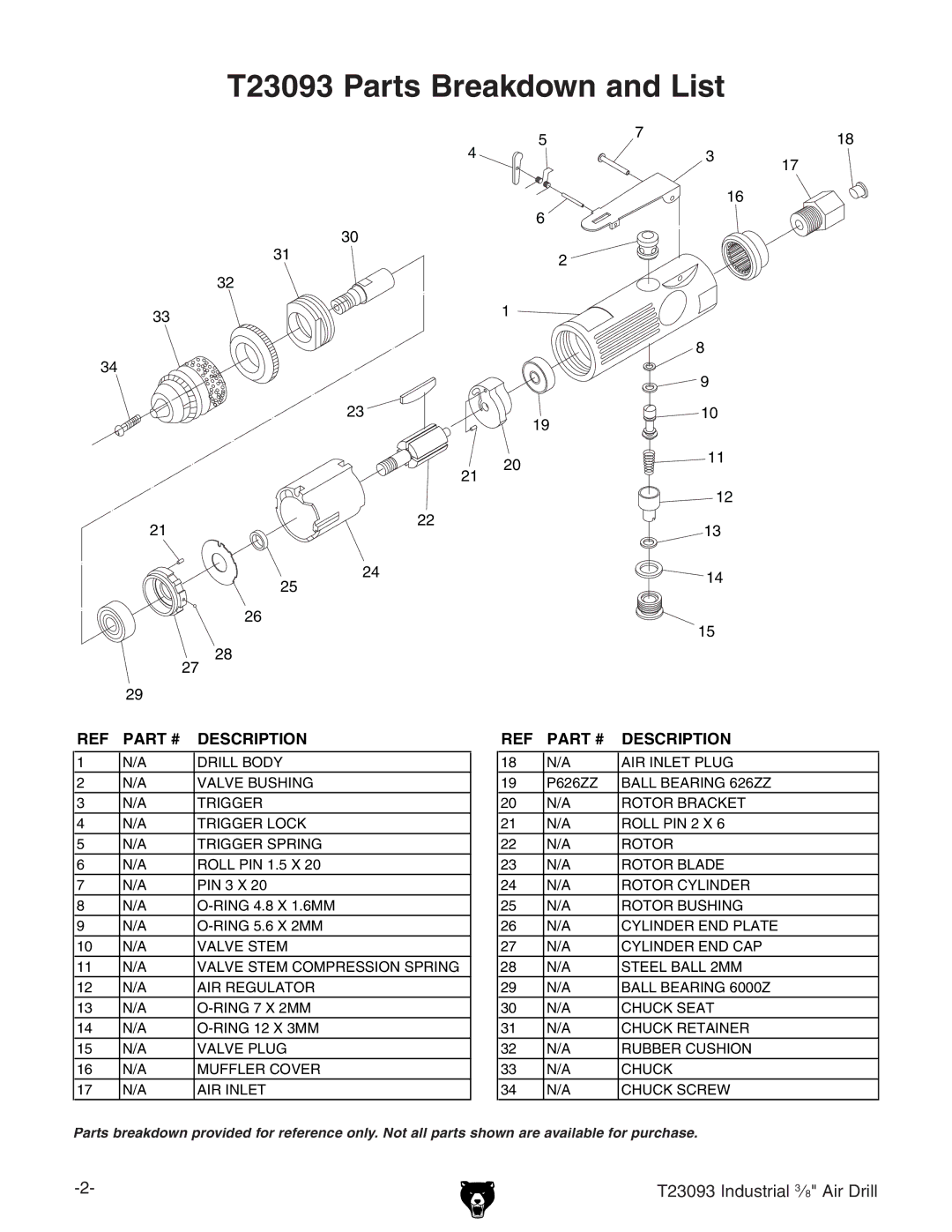 Grizzly specifications T23093 Parts Breakdown and List, Description 