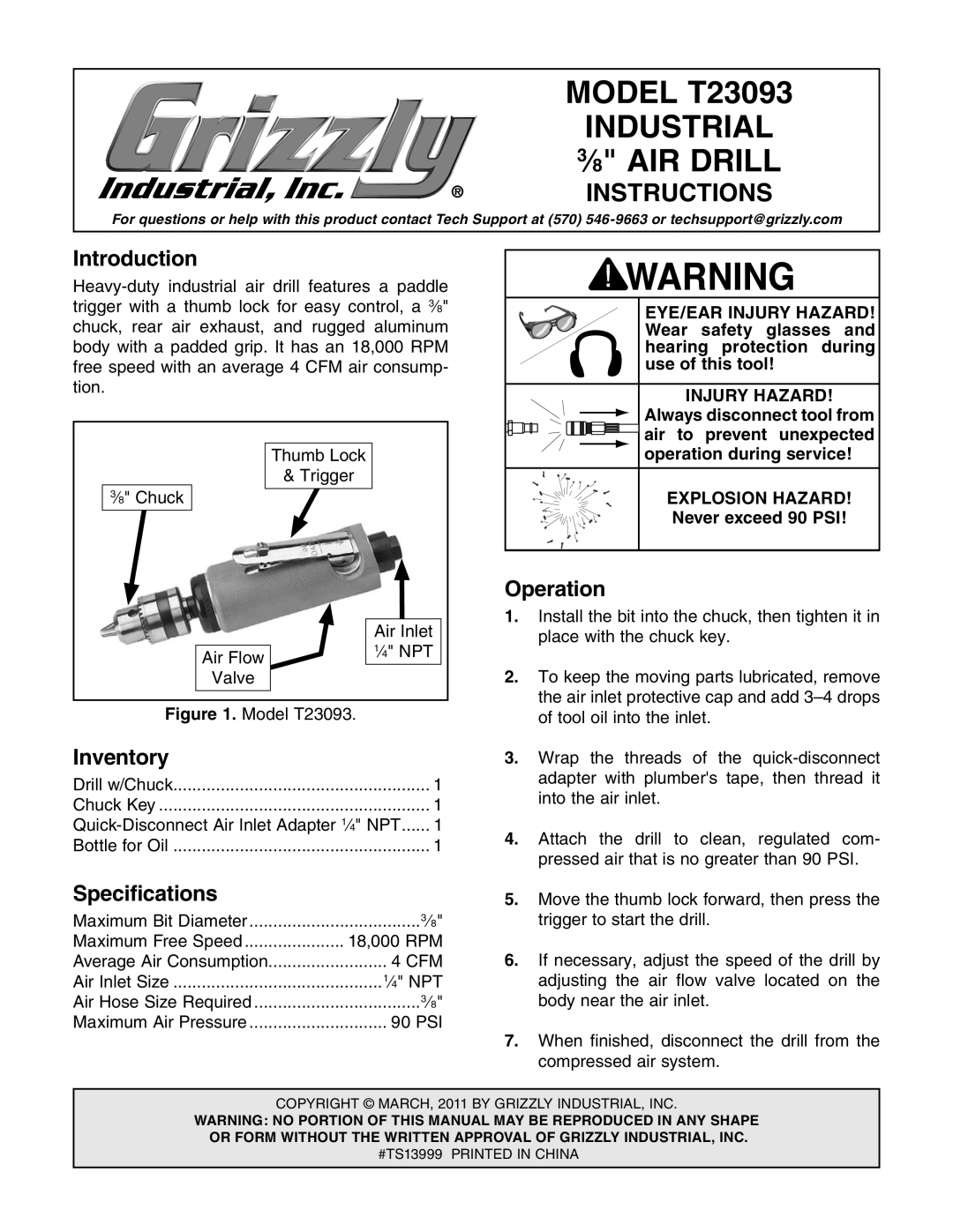 Grizzly specifications MODEL T23093, Industrial, 3⁄8 AIR DRILL, Instructions, Introduction, Inventory, Specifications 