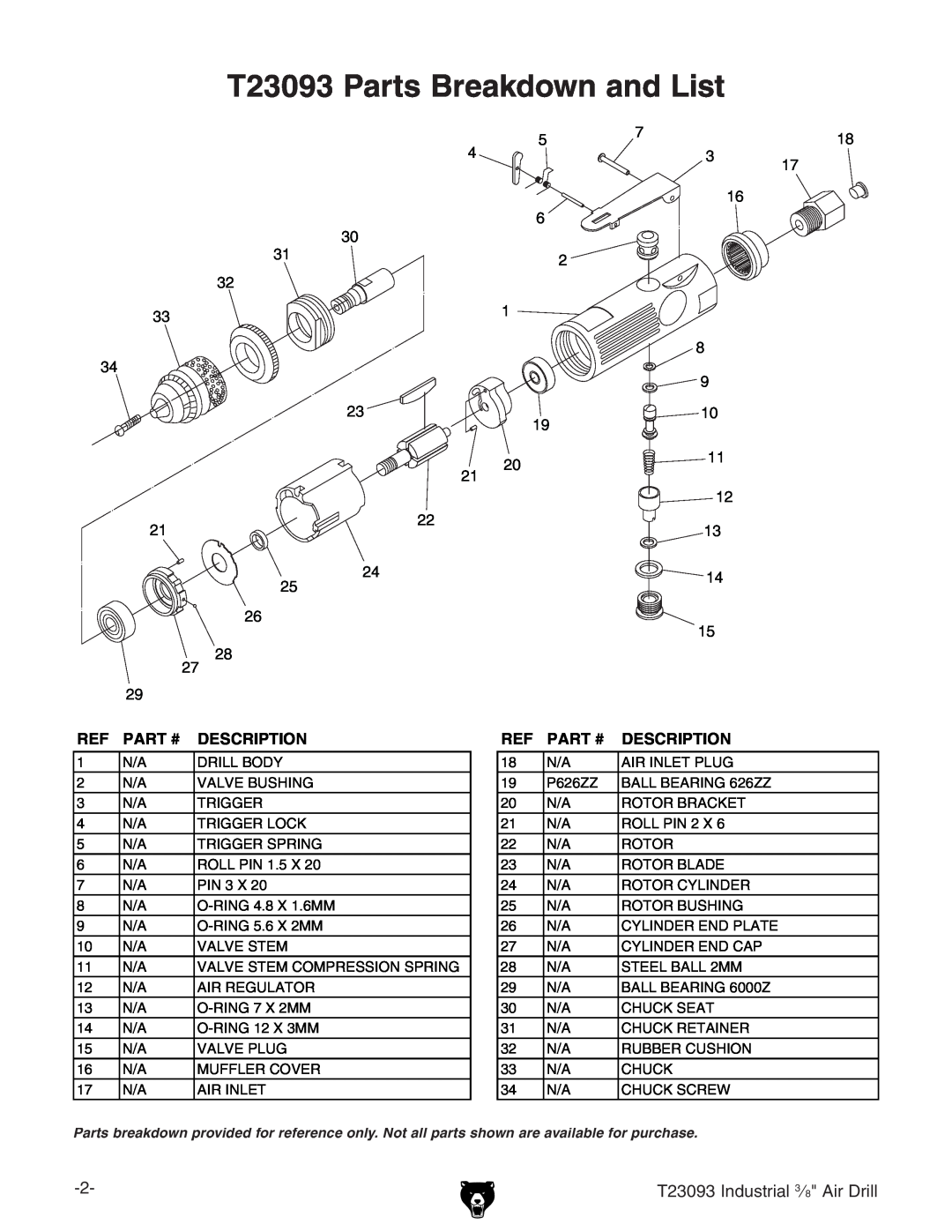 Grizzly specifications T23093 Parts Breakdown and List, Part #, Description 