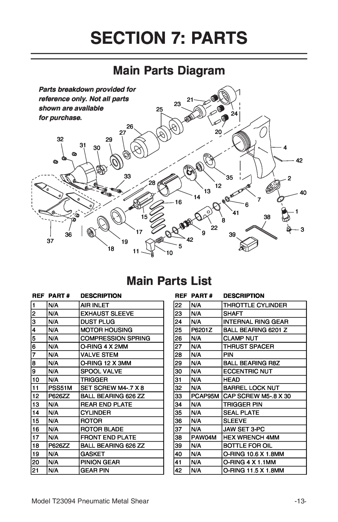 Grizzly T23094 owner manual Main Parts Diagram, Main Parts List, shown are available, Part #, Description 