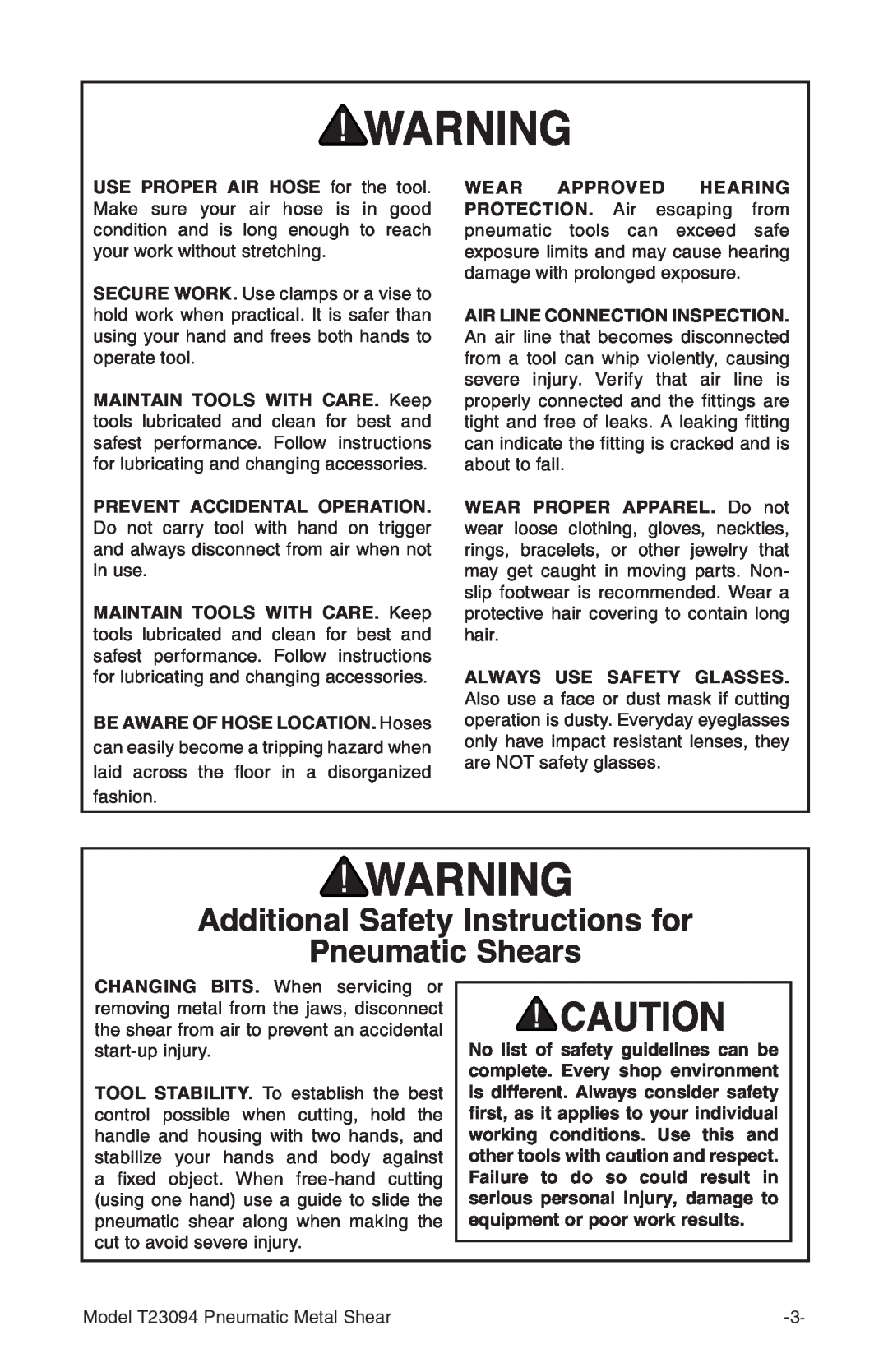 Grizzly T23094 owner manual Additional Safety Instructions for Pneumatic Shears 