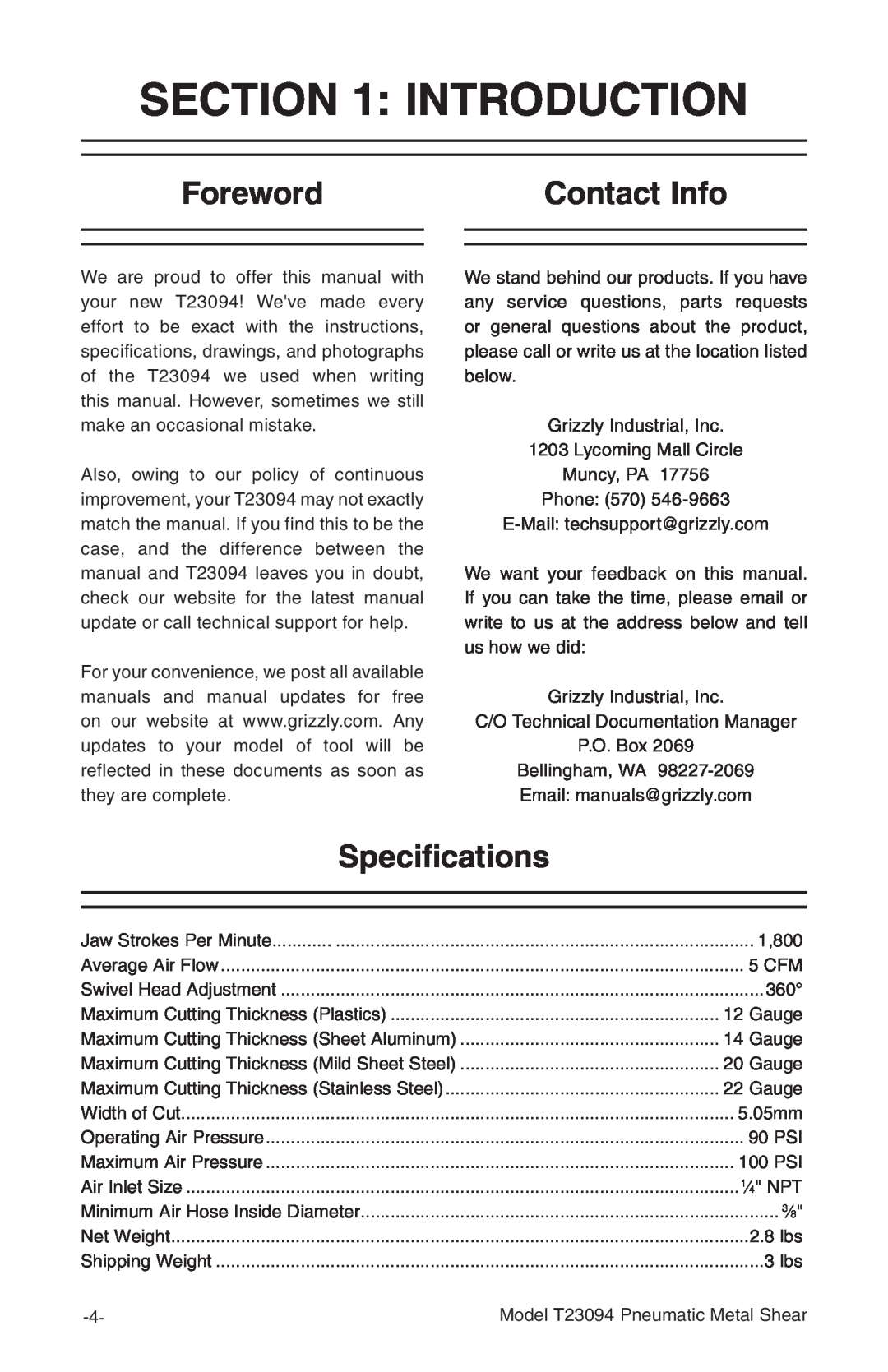 Grizzly T23094 owner manual Introduction, Foreword, Contact Info, Specifications 
