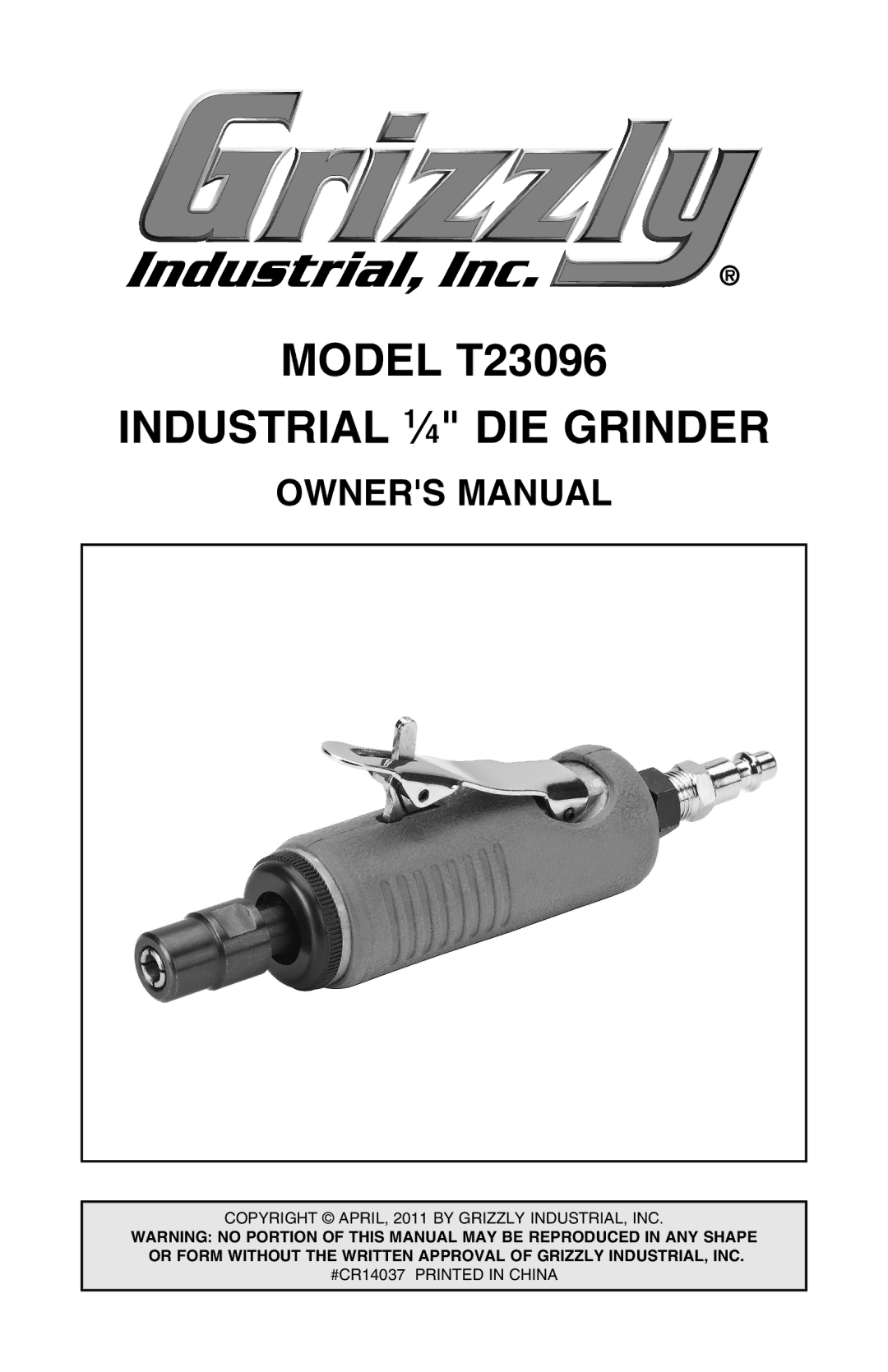 Grizzly T23096 owner manual Industrial 1⁄4 DIE Grinder 