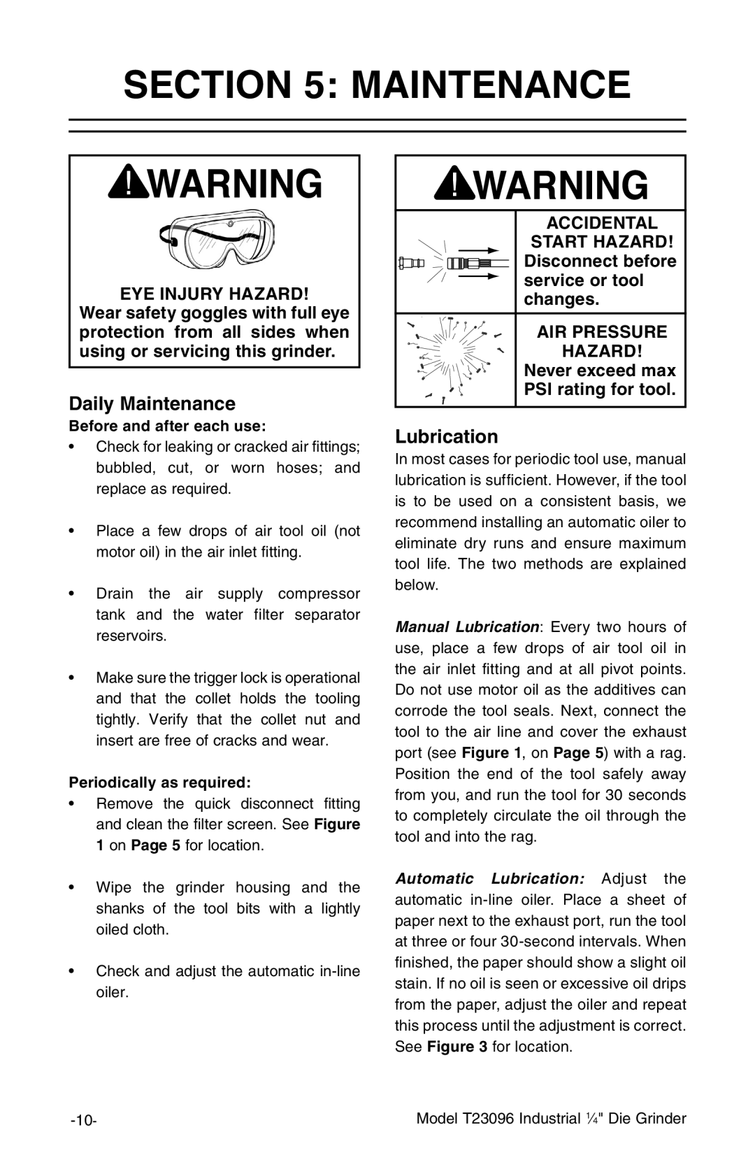 Grizzly T23096 owner manual Maintenance, Before and after each use, Periodically as required 