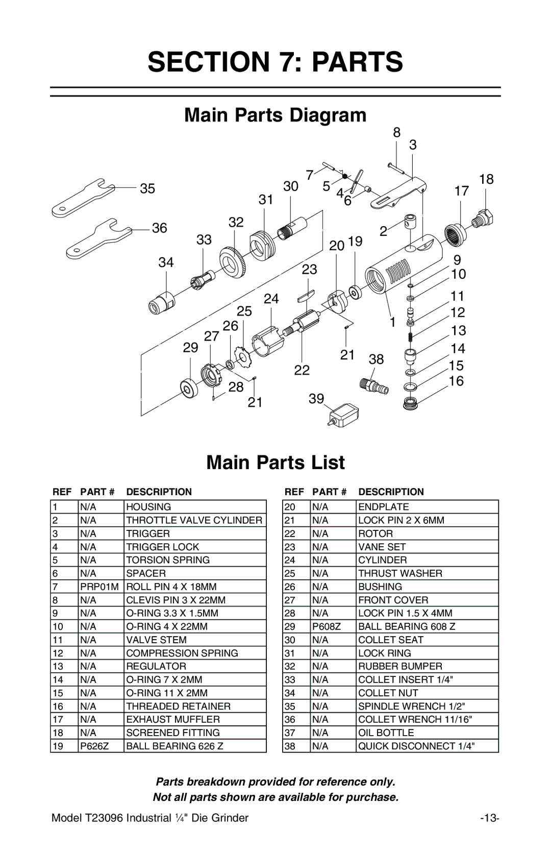 Grizzly T23096 owner manual Main Parts Diagram Main Parts List 