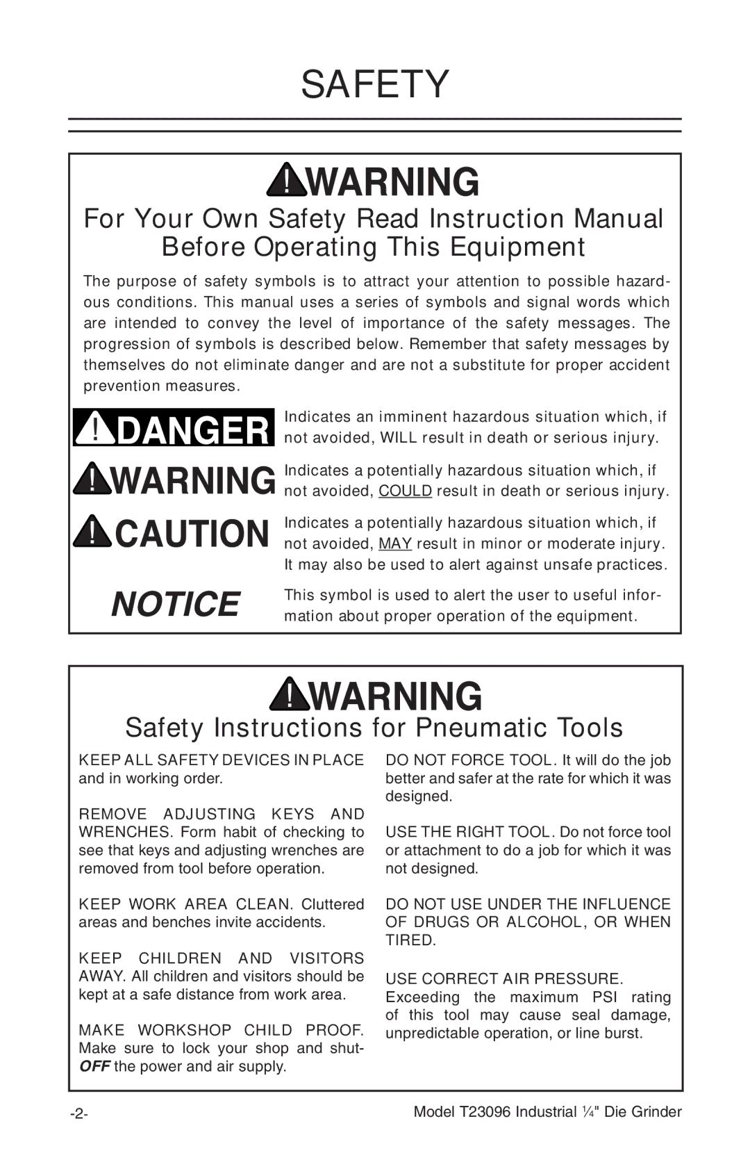 Grizzly T23096 owner manual Before Operating This Equipment, Safety Instructions for Pneumatic Tools 