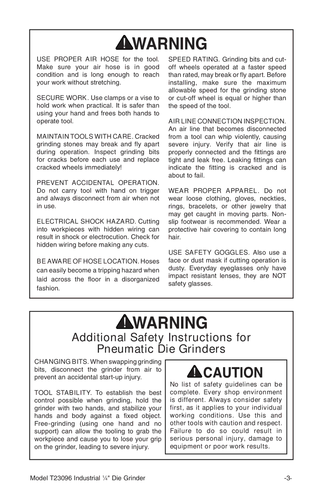 Grizzly T23096 owner manual Additional Safety Instructions for Pneumatic Die Grinders 