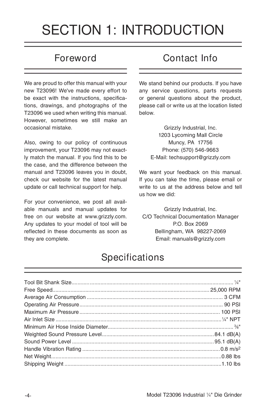 Grizzly T23096 owner manual Introduction, Foreword Contact Info, Specifications 