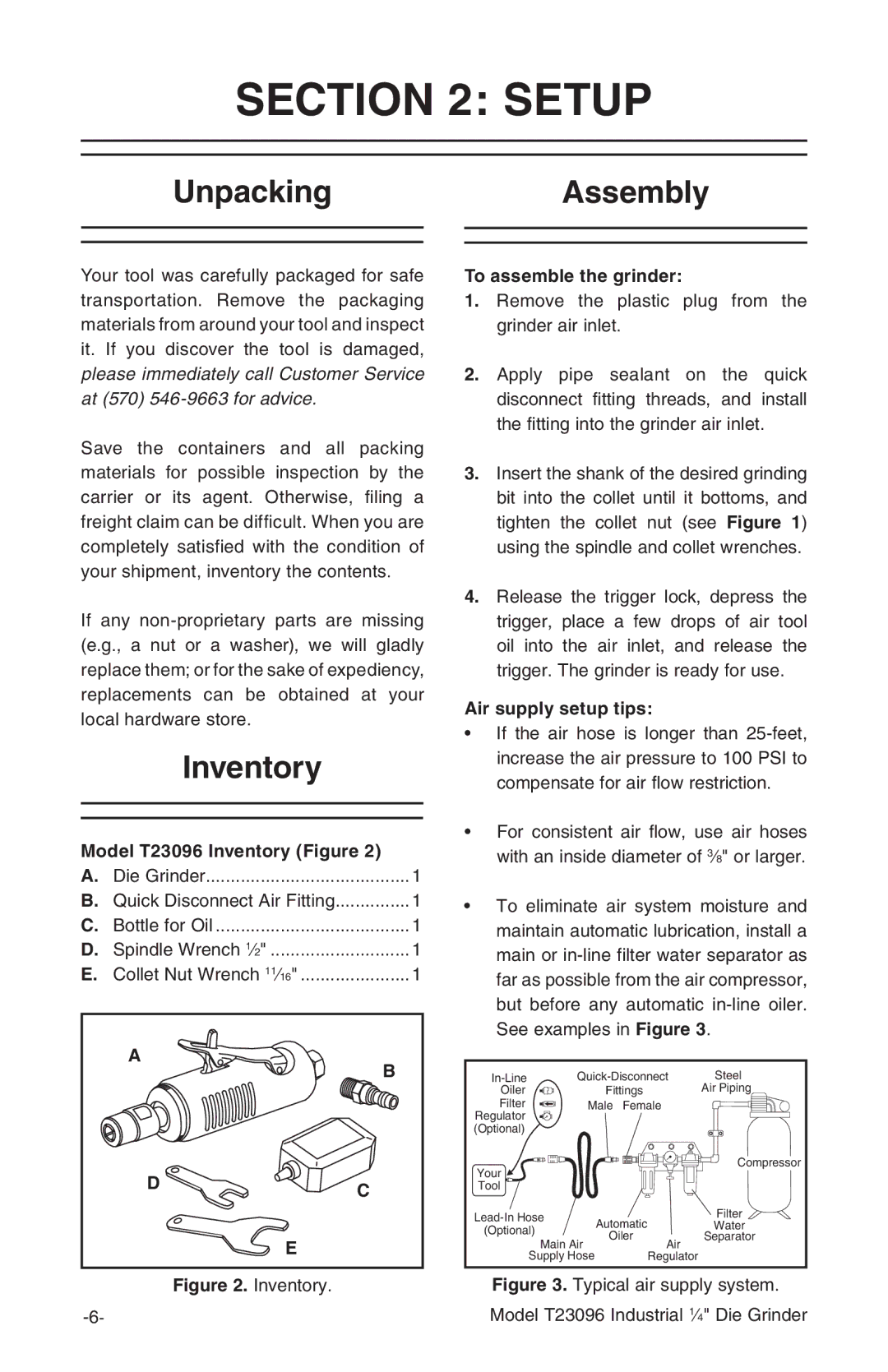 Grizzly owner manual Setup, UnpackingAssembly, Model T23096 Inventory Figure, Air supply setup tips 