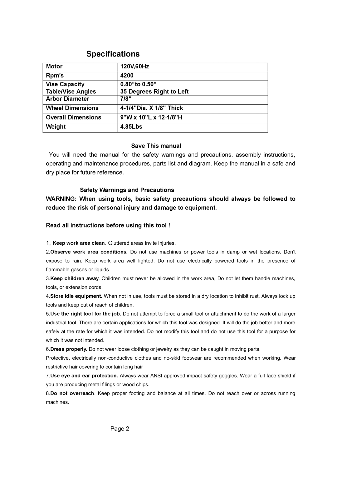 Grizzly T23107 owner manual Specifications 