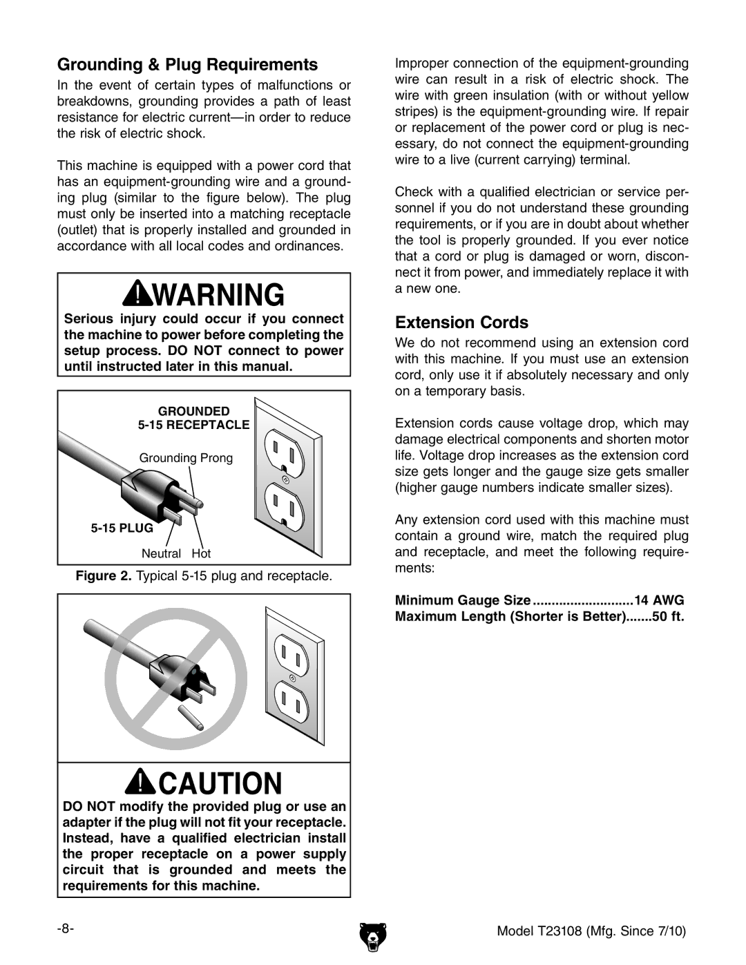 Grizzly T23108 owner manual Minimum Gauge Size 14 AWG, 50 ft 