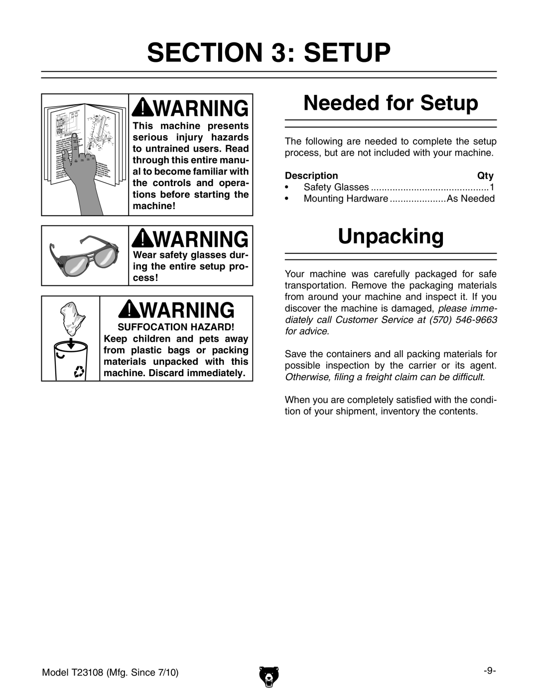 Grizzly T23108 owner manual Needed for Setup, Unpacking, Description Qty 