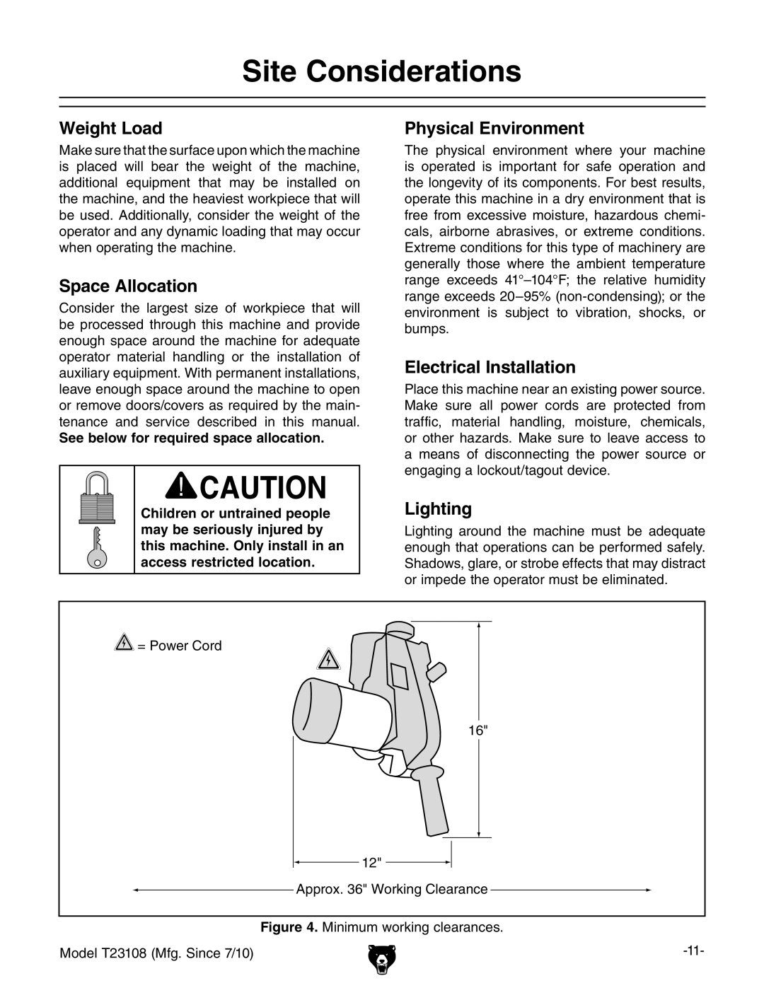 Grizzly T23108 owner manual Site Considerations, Weight Load 