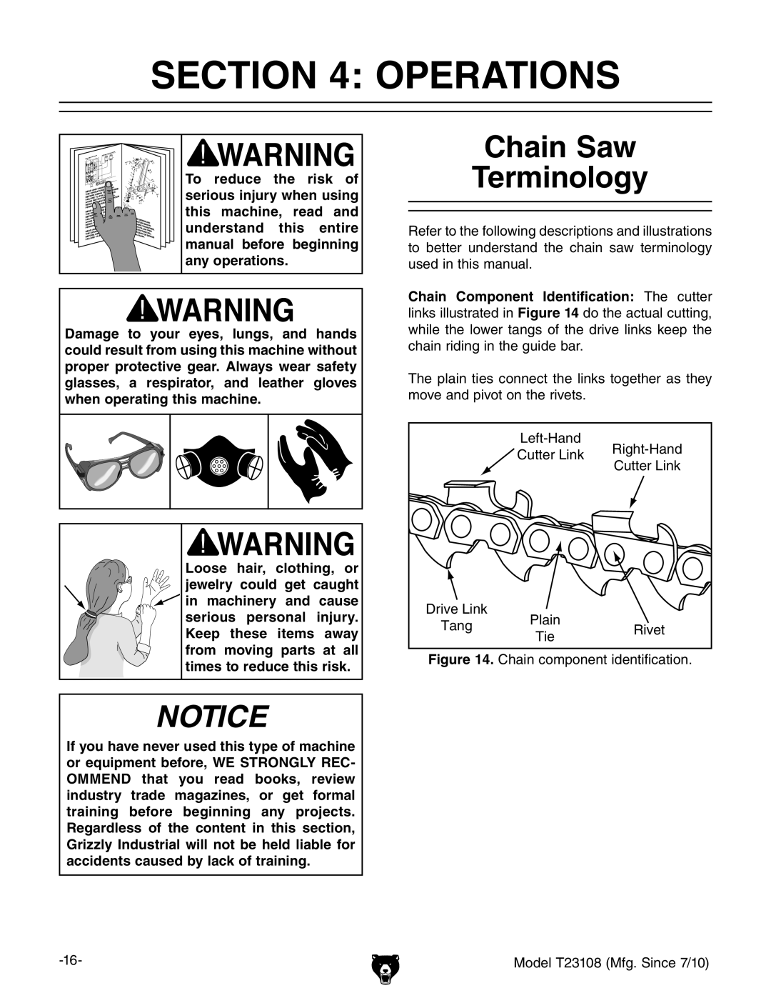 Grizzly T23108 owner manual Operations, Chain Saw Terminology 