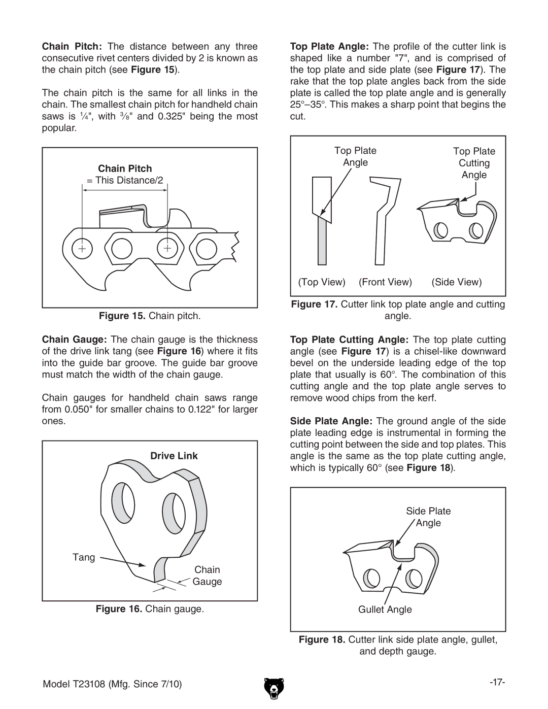 Grizzly T23108 owner manual Chain Pitch, Drive Link 