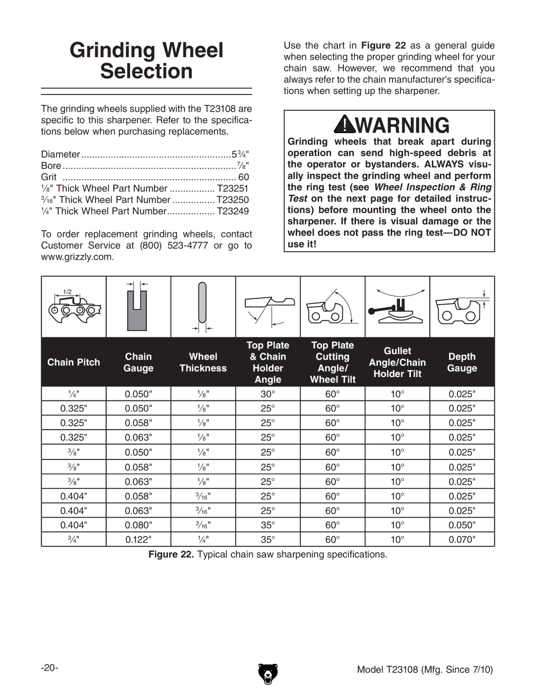 Grizzly T23108 owner manual Grinding Wheel Selection 