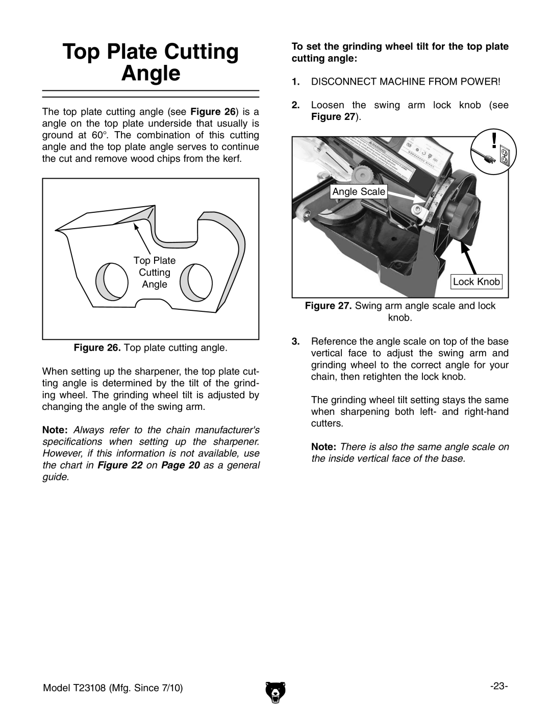 Grizzly T23108 owner manual Top Plate Cutting Angle 