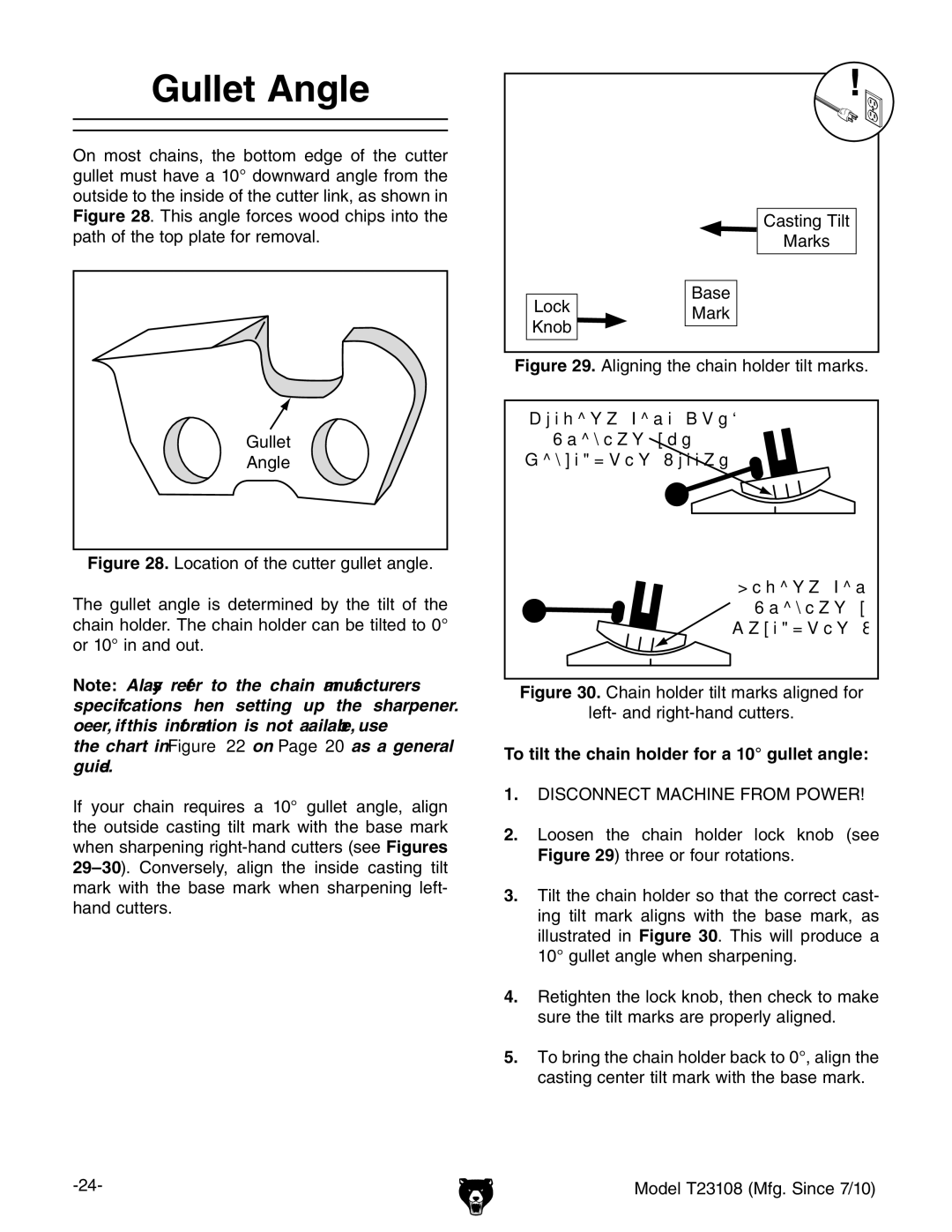 Grizzly T23108 owner manual Gullet Angle, To tilt the chain holder for a 10 gullet angle 