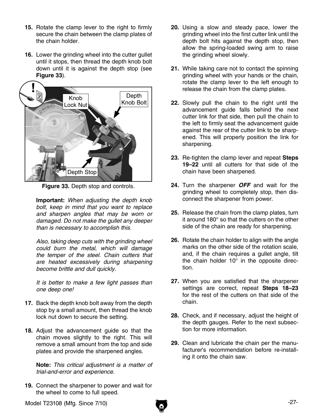 Grizzly T23108 owner manual Depth stop and controls 