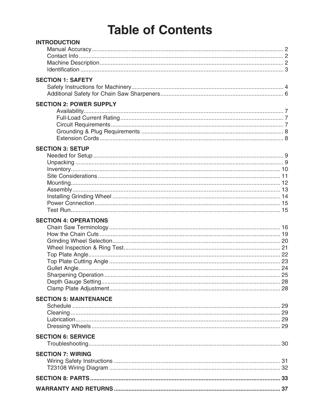 Grizzly T23108 owner manual Table of Contents 