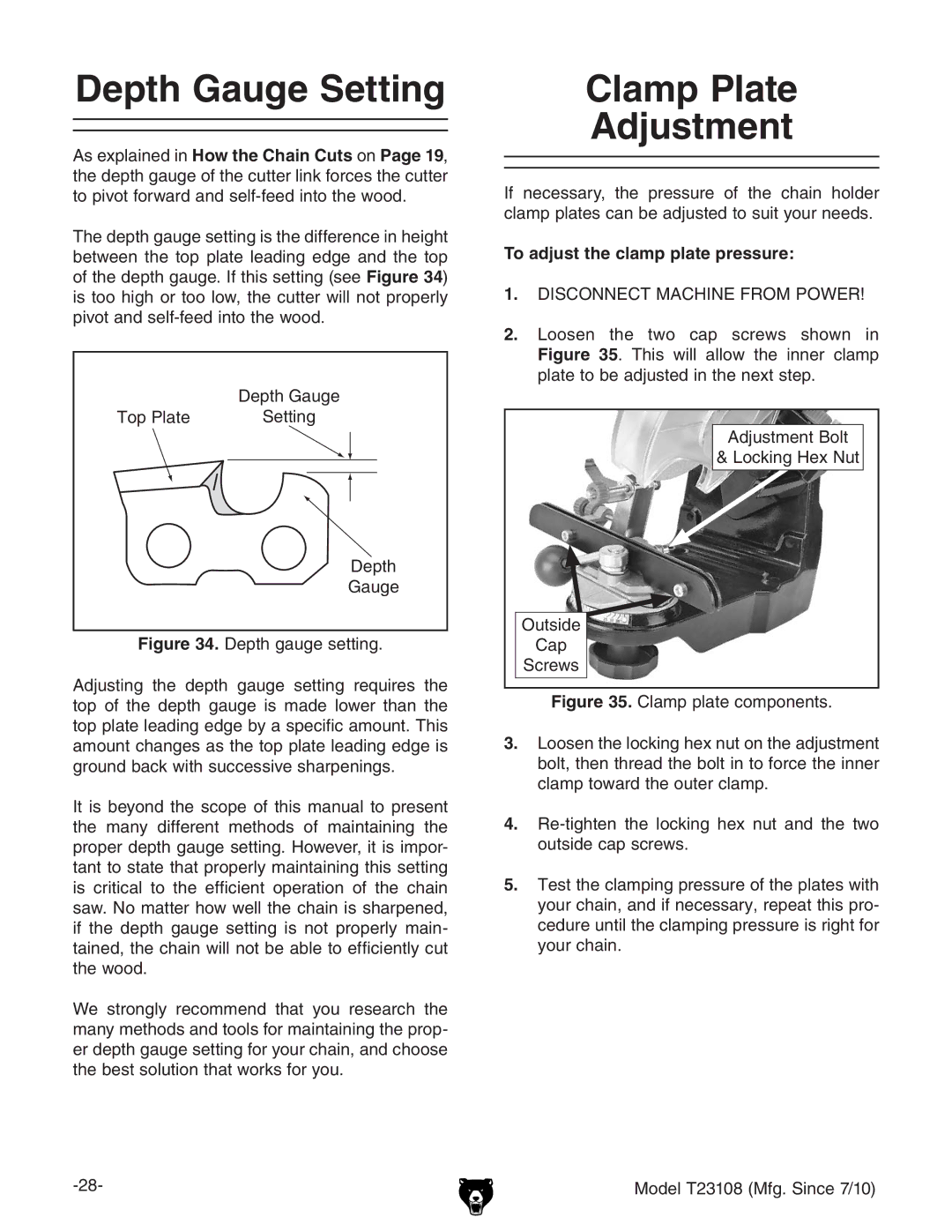 Grizzly T23108 owner manual Depth Gauge Setting, Clamp Plate Adjustment, To adjust the clamp plate pressure 