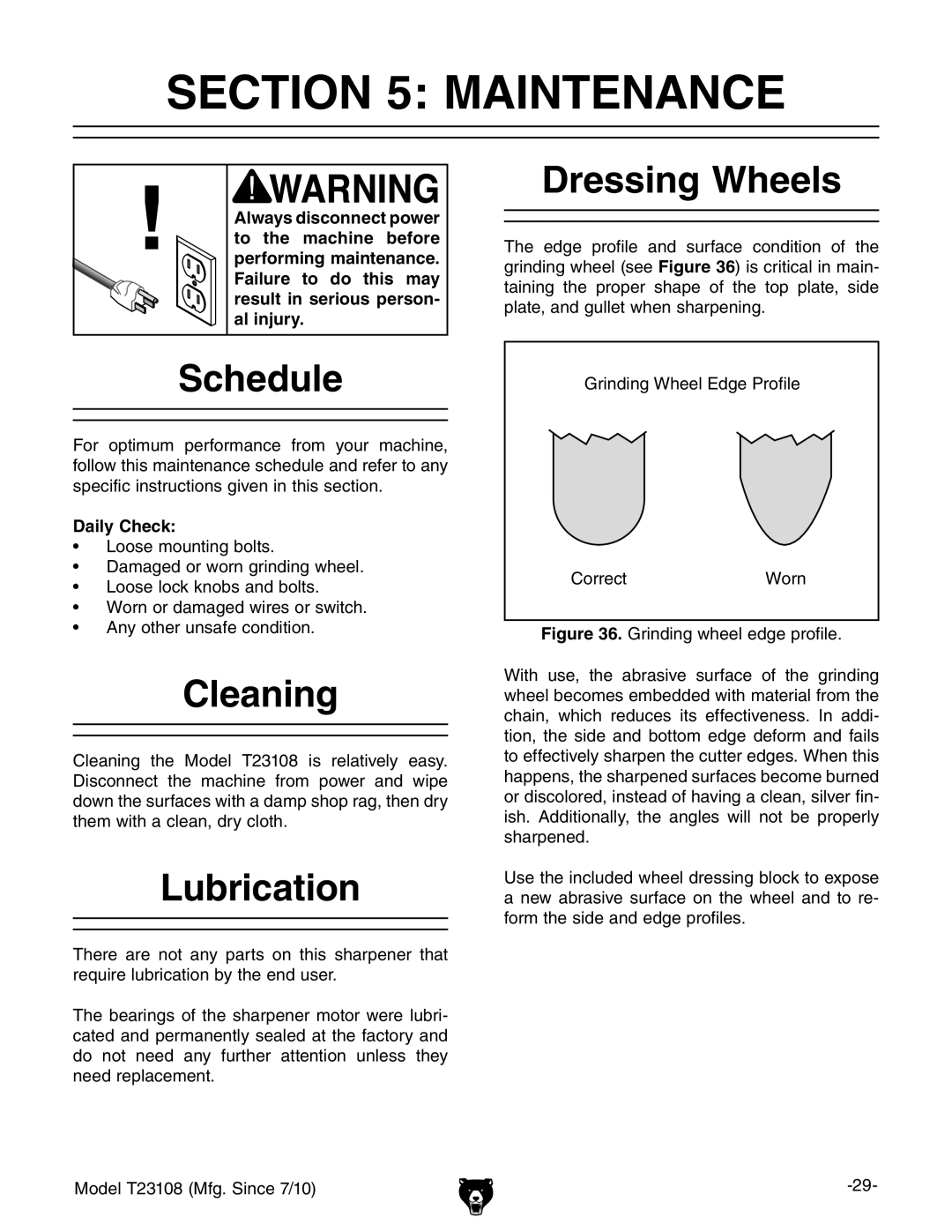 Grizzly T23108 owner manual Maintenance, Schedule, Cleaning, Lubrication, Dressing Wheels 