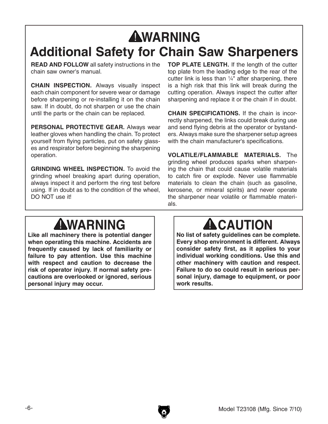 Grizzly T23108 owner manual Additional Safety for Chain Saw Sharpeners 