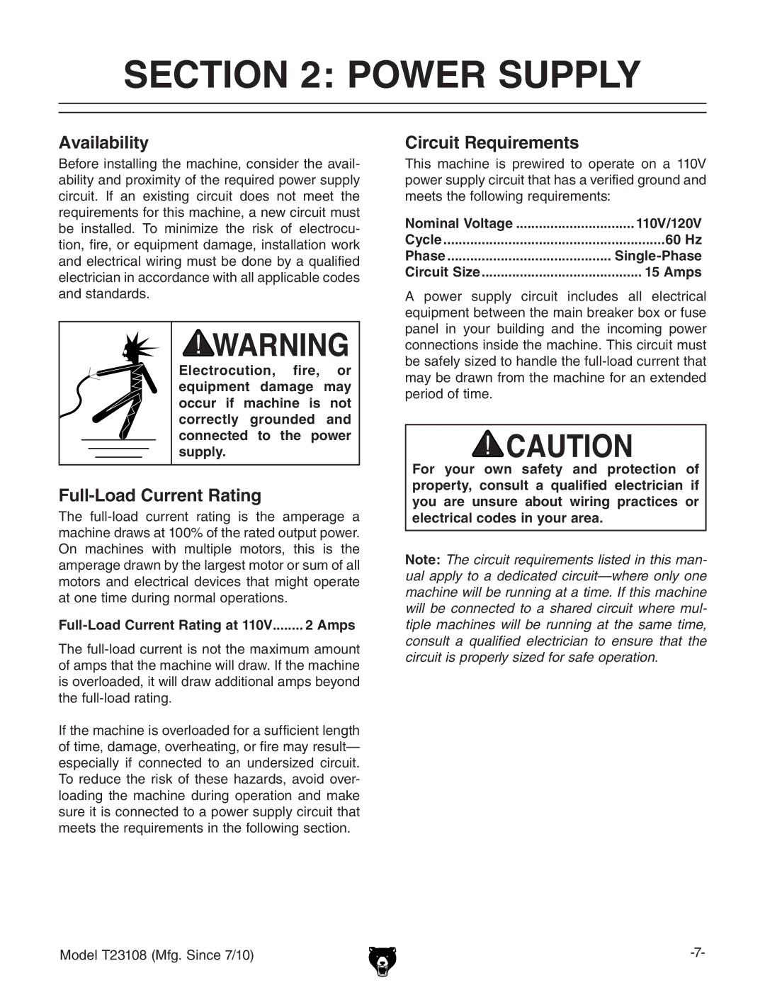Grizzly T23108 owner manual Power Supply, Full-Load Current Rating at Amps, Nominal Voltage 110V/120V, 60 Hz, Single-Phase 