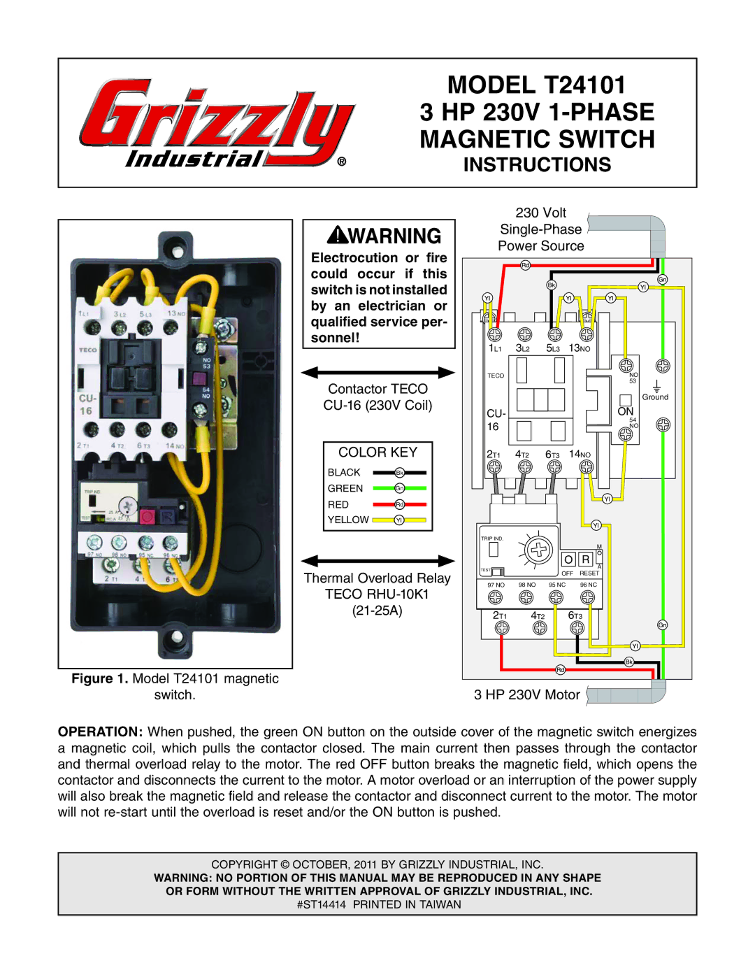 Grizzly T24101 manual Magnetic Switch, Instructions, Color KEY, Teco RHU-10K1 