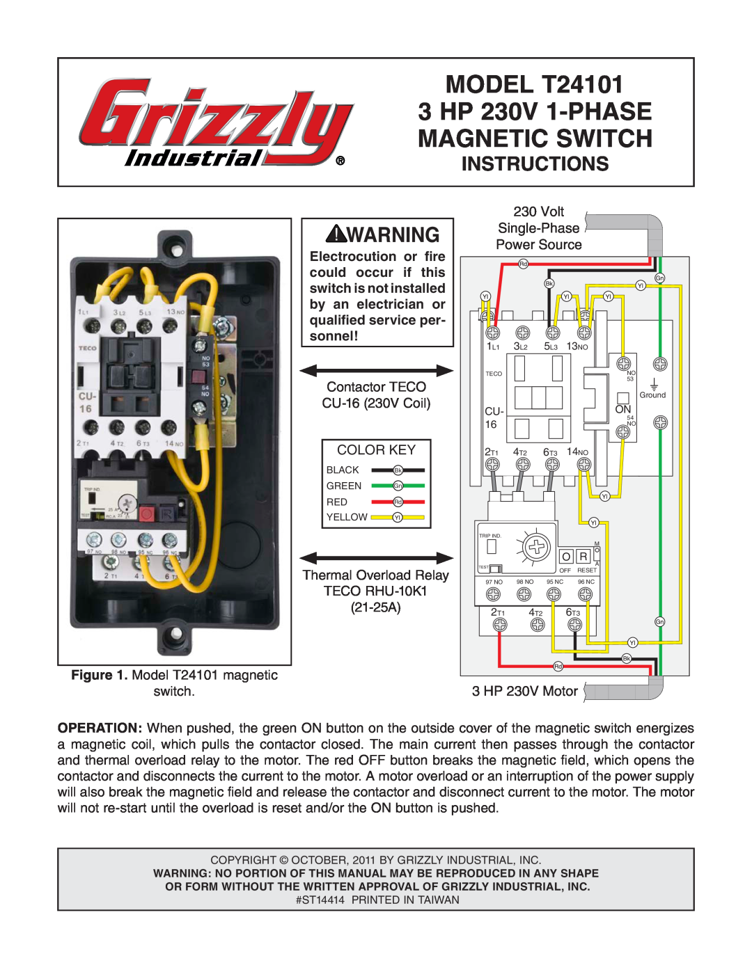 Grizzly manual MODEL T24101, 3 HP 230V 1-PHASE, Magnetic Switch, Instructions 