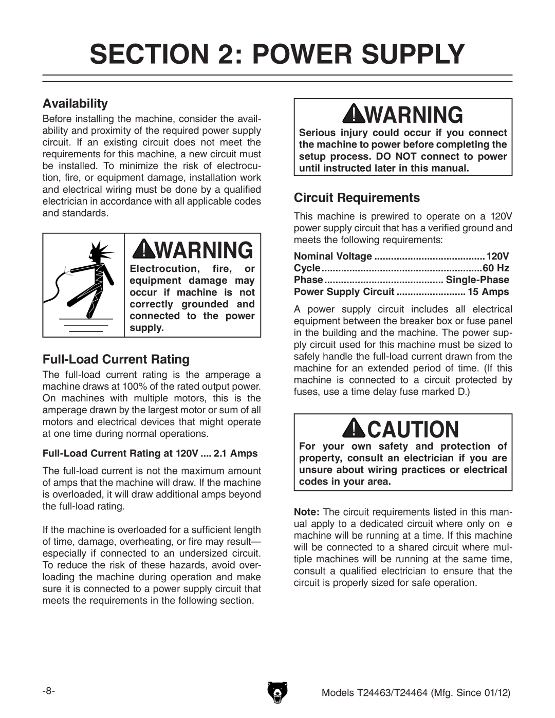 Grizzly T24464, T24463 owner manual Power Supply, Availability, Full-Load Current Rating, Circuit Requirements 