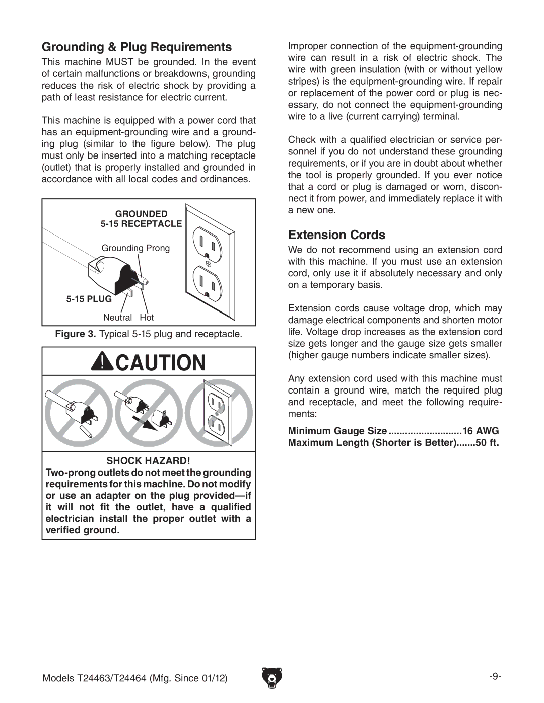Grizzly T24463, T24464 owner manual Grounding & Plug Requirements, Extension Cords, Minimum Gauge Size 16 AWG, 50 ft 