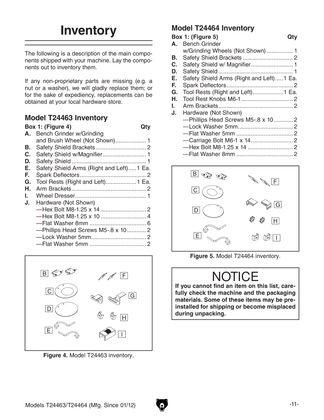 Grizzly owner manual Model T24463 Inventory, Model T24464 Inventory, Box 1 Figure Qty 7ZcXgcYZgl$gcYc\ 