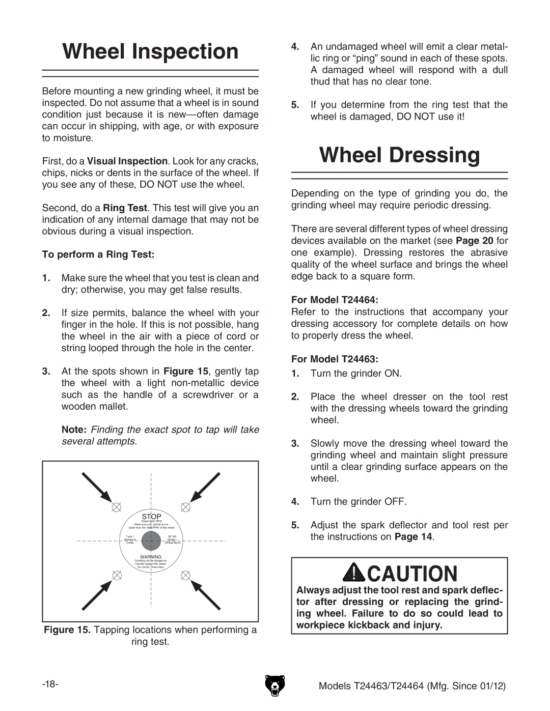 Grizzly owner manual Wheel Inspection, Wheel Dressing, To perform a Ring Test, For Model T24464, For Model T24463 